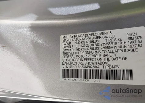 2022 Honda Odyssey Touring z USA, uszkodzony, nr VIN 5FNRL6H8XNB025847